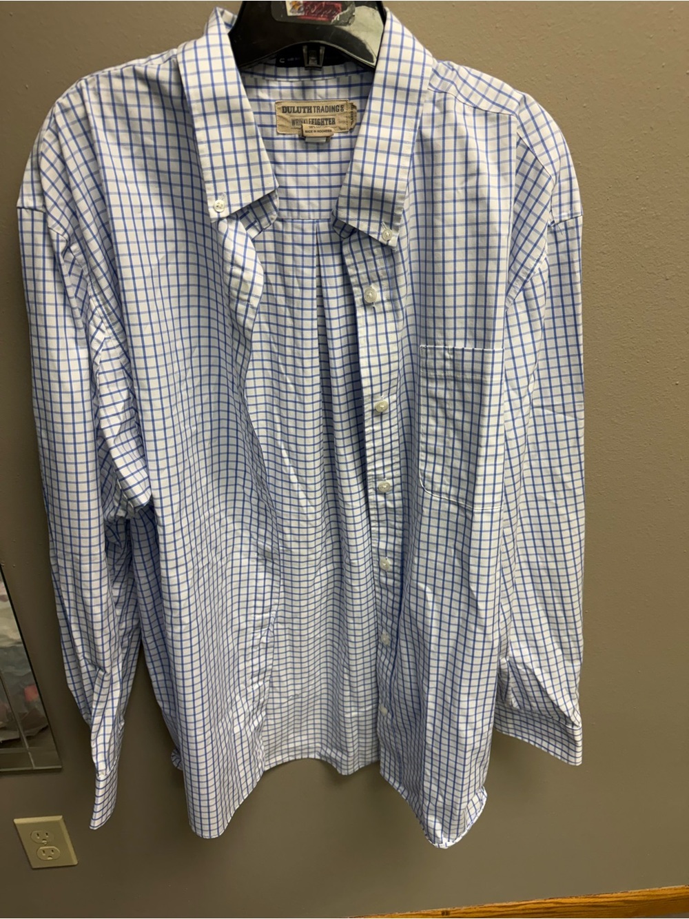 Duluth Trading Co White Button-Down Shirt with Blue Windowpane Check
